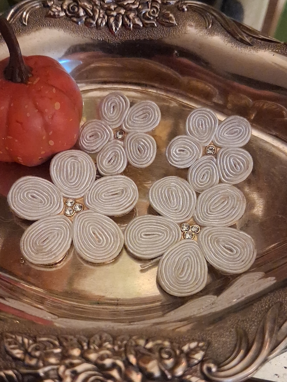 Handcrafted White Flower  Earrings with Crystal Centers